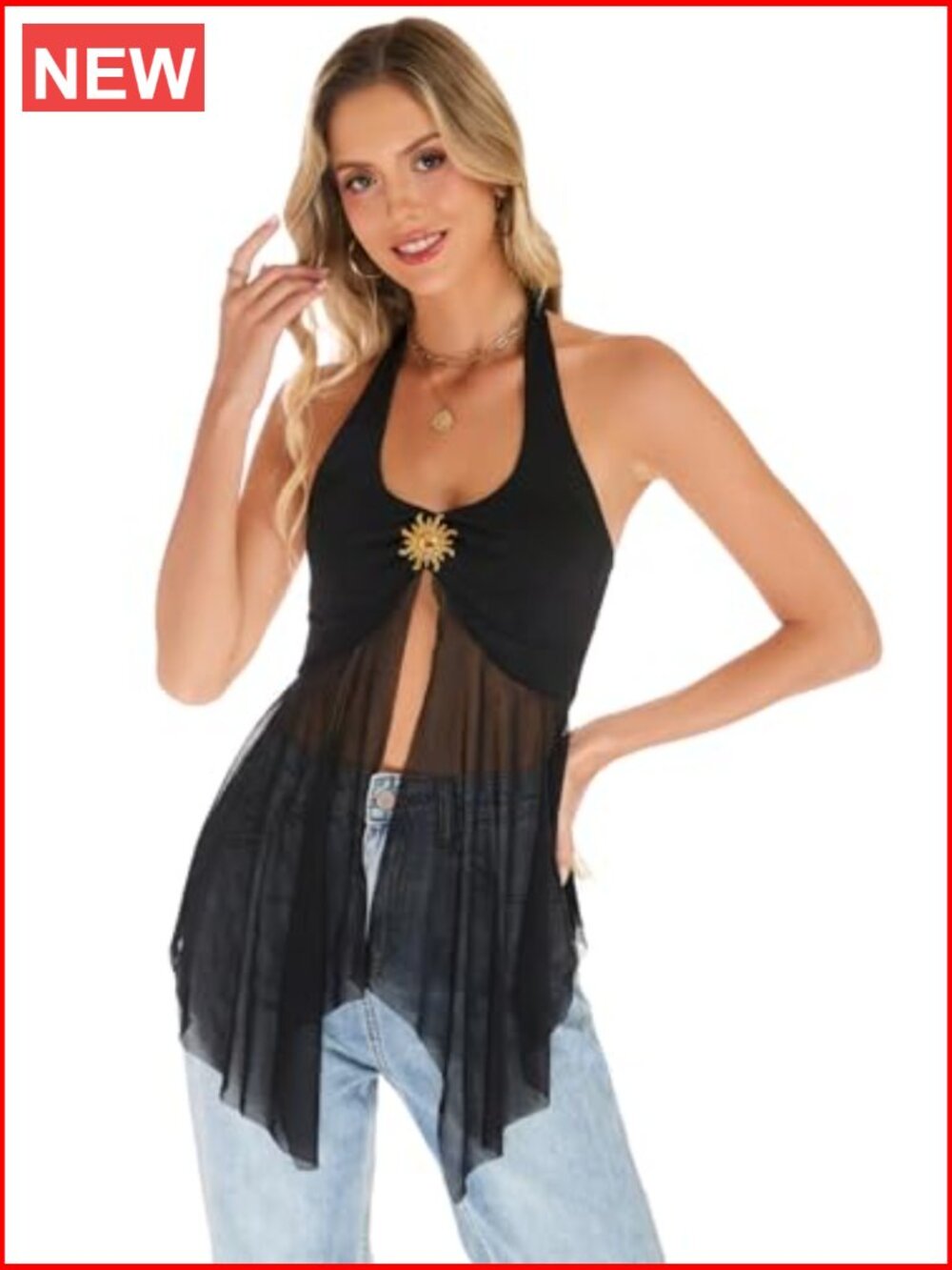 Sheer Mesh Halter Tank Top Flowy Asymmetric Hem Sleeveless Camisole - Picture 5 of 7